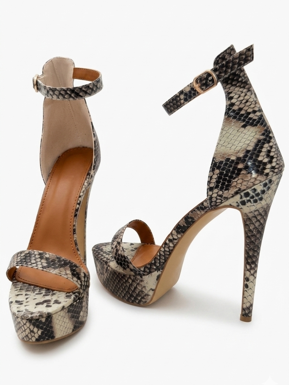 PrettyLittleThing Snake-Print Platform Ankle-Strap High Heels - Neutral Tones